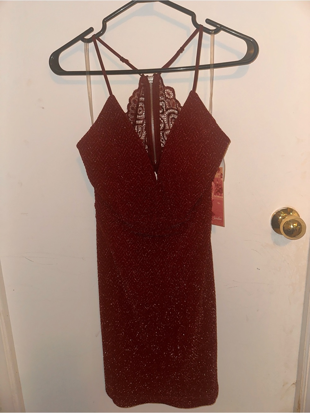 Emerald Sundae Wine Sparkle Lace-Back Mini Dress
